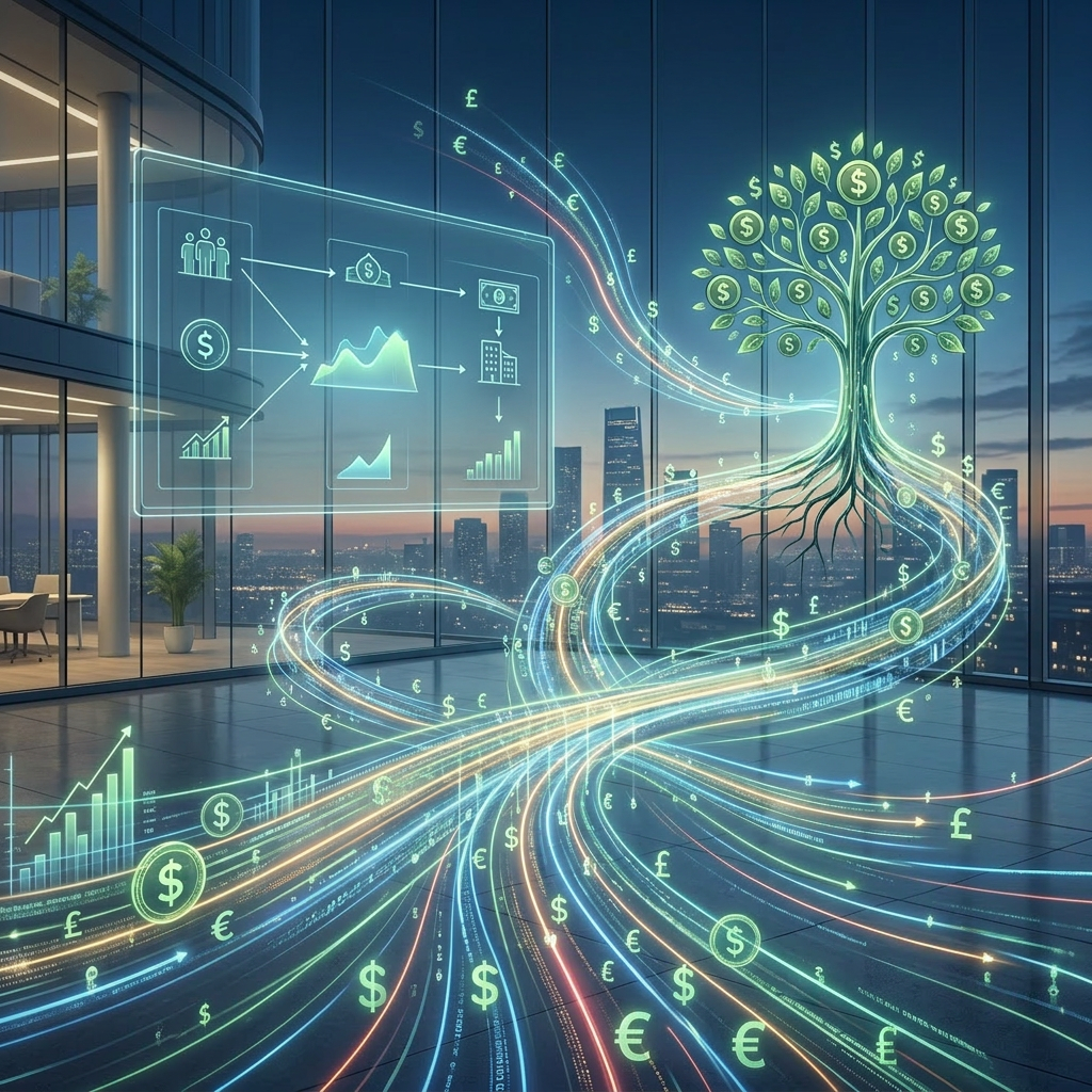 Businessman and businesswoman exchanging bespoke loan agreement in front of private credit market structure and financial growth graphics