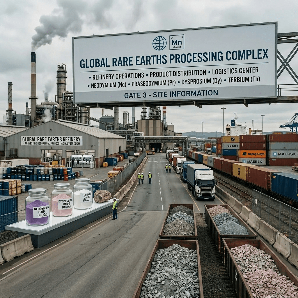 Industrial rare earths processing complex with trucks, railcars, and storage containers