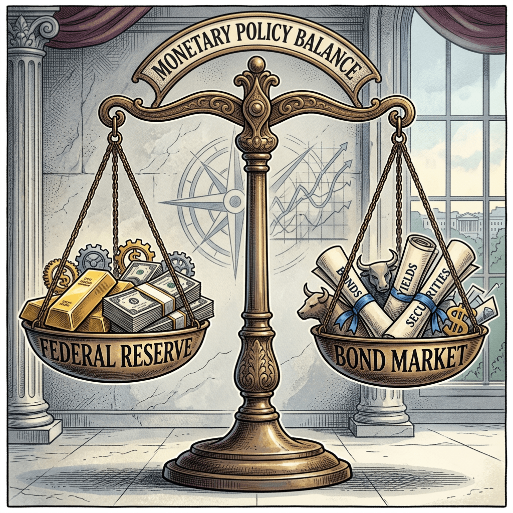A balance scale weighing Federal Reserve assets against bond market securities under a banner reading Monetary Policy Balance