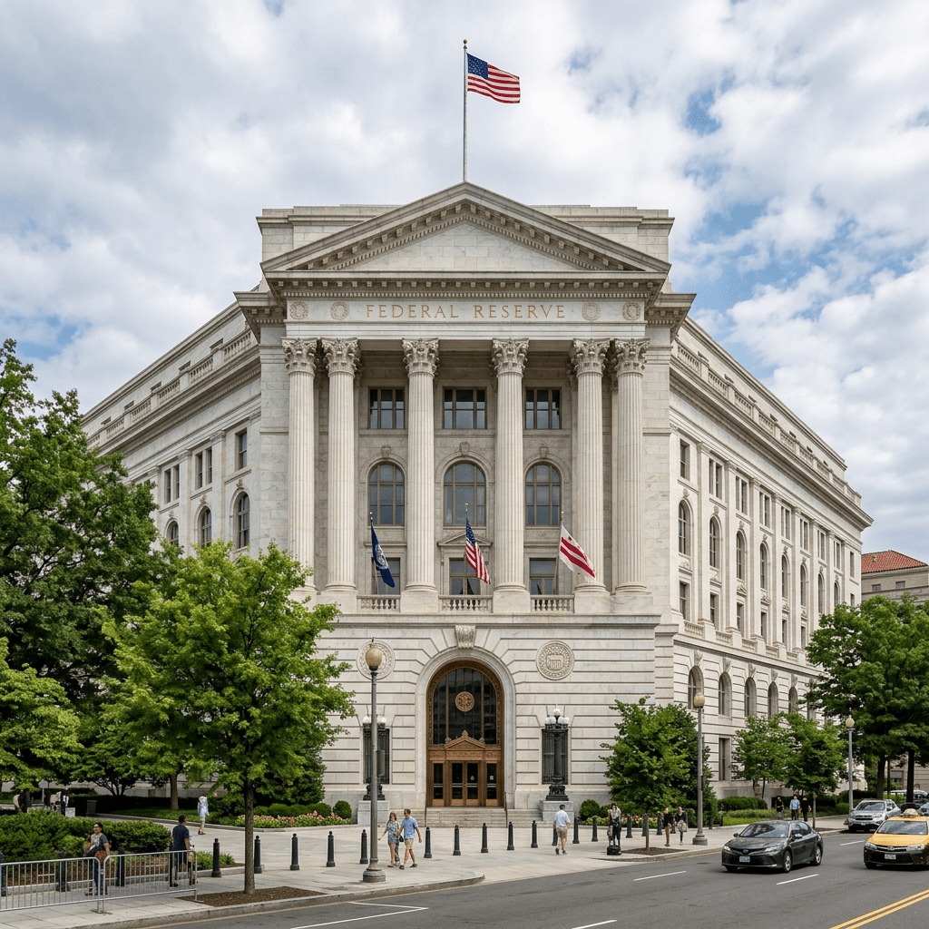 Federal Reserve building with columns and American flags under cloudy sky