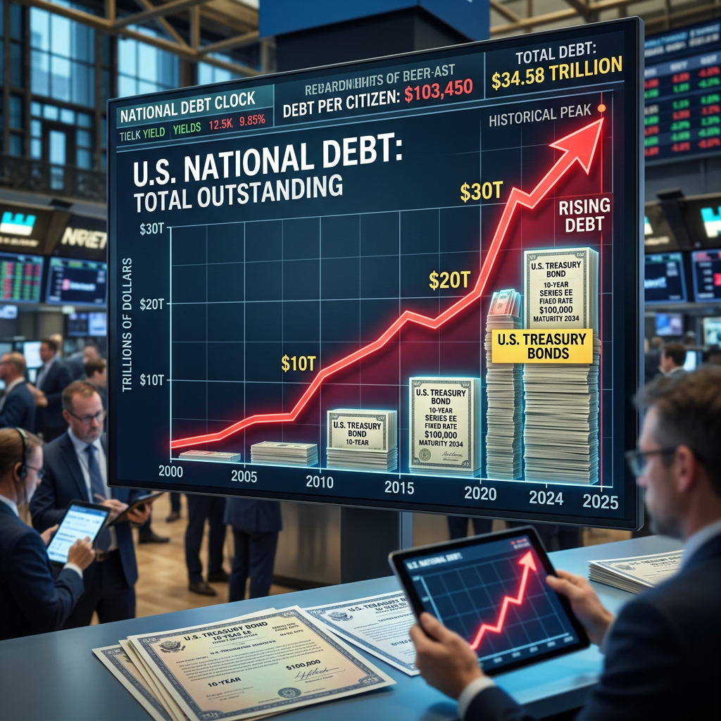 U.S. national debt chart showing $34.58 trillion total debt and rising debt trend