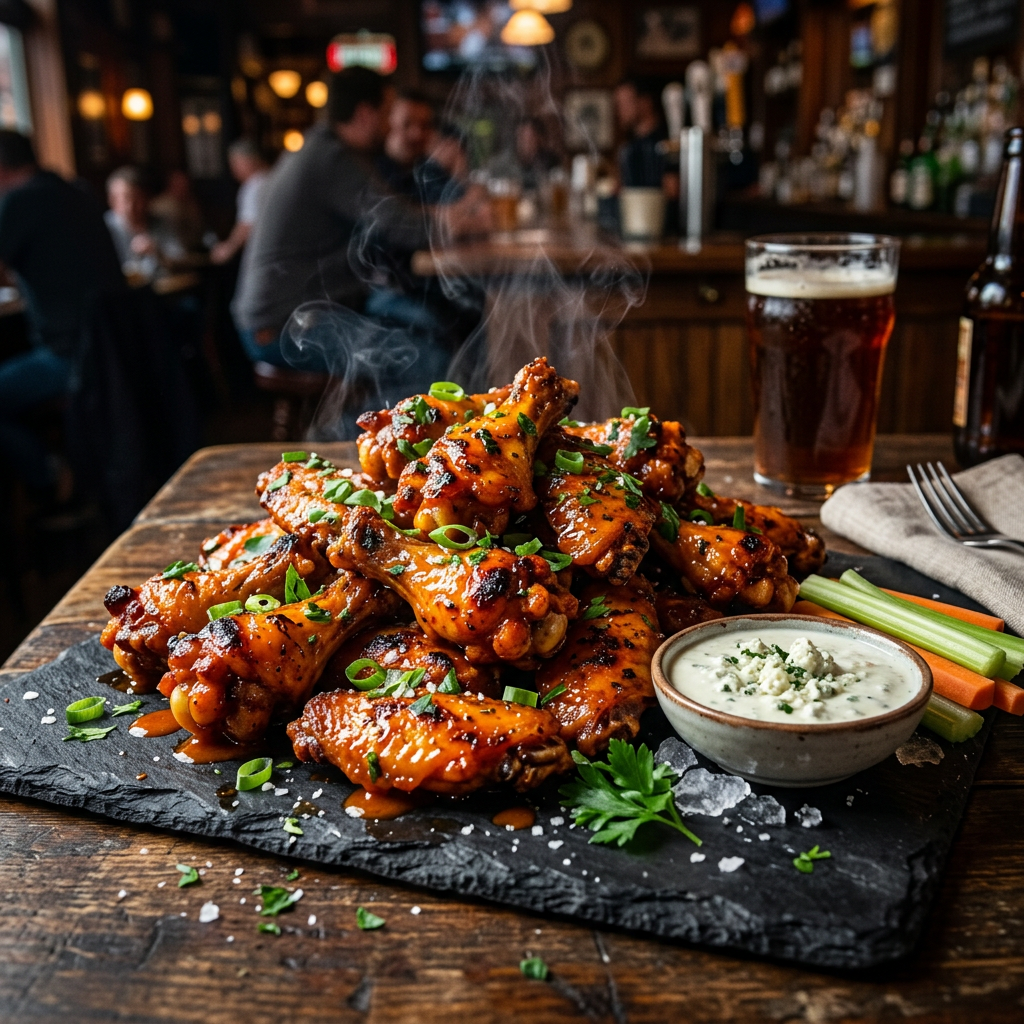 Steaming glazed chicken wings with blue cheese dip, celery, carrots, and beer