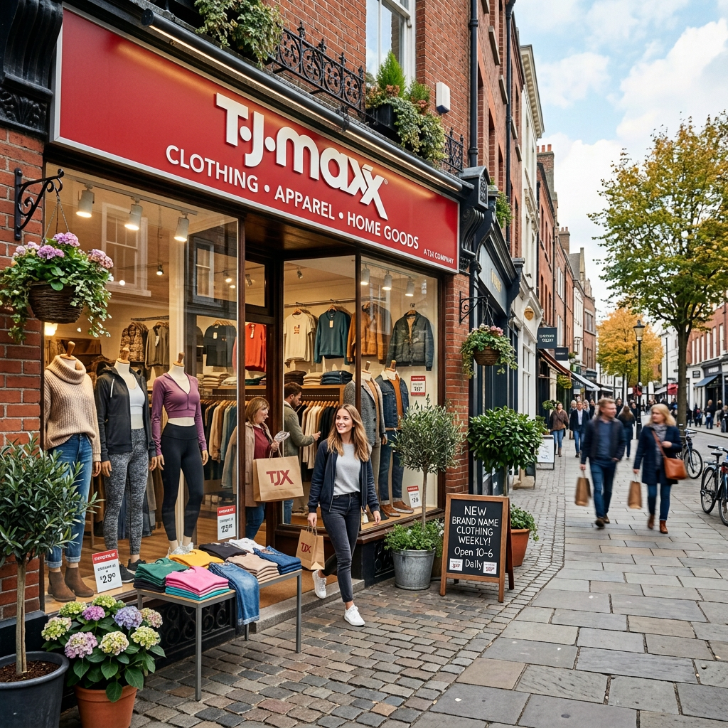 Evergreen Avenue clothing store with autumn arrivals sign and shoppers