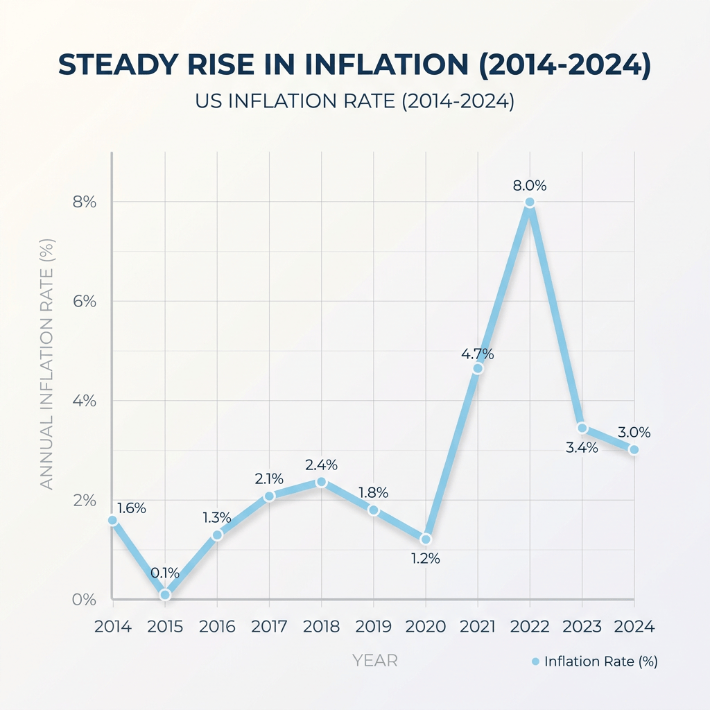 Line chart of US inflation rates from 2014 to 2024, peaking at 8.0% in 2022