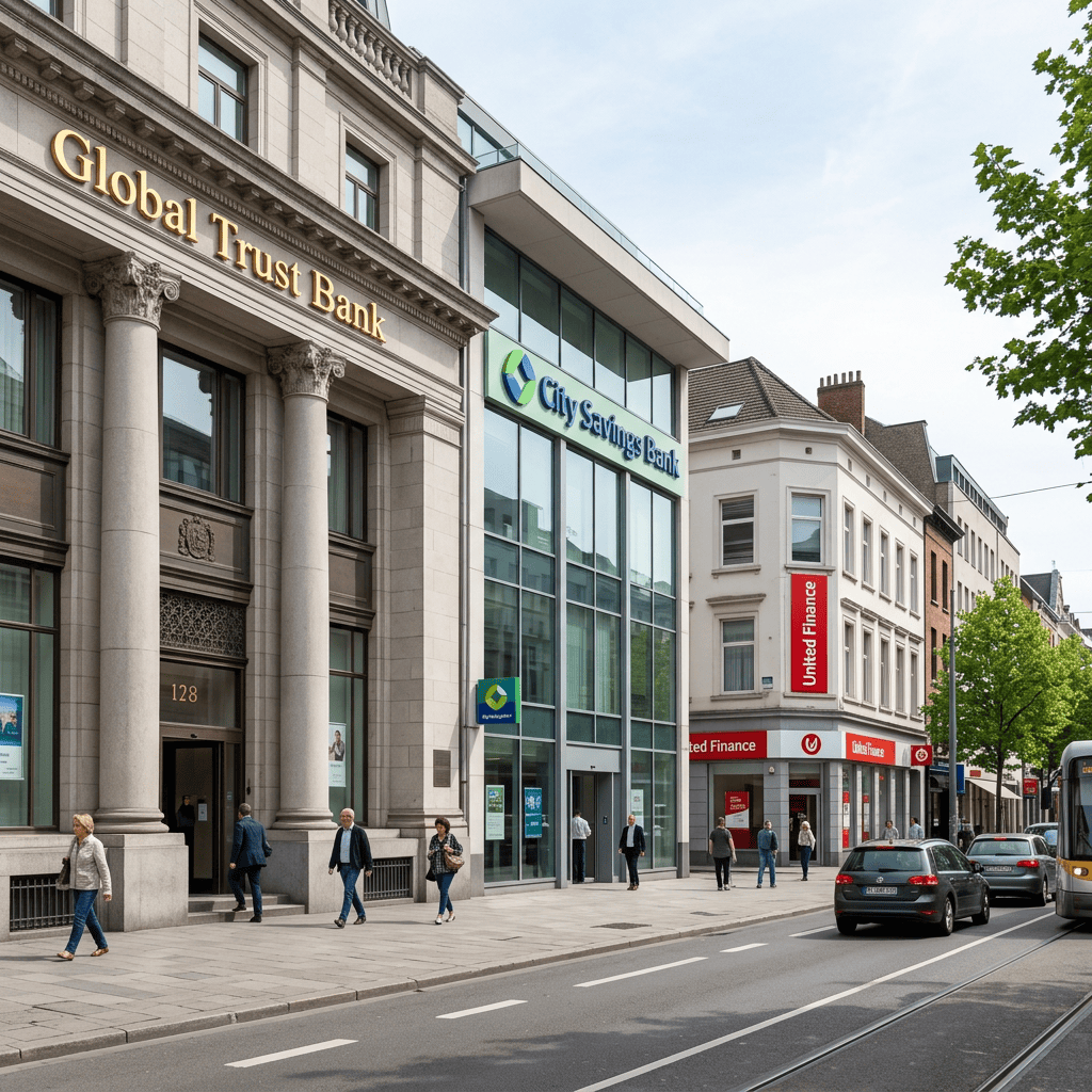 Global Trust Bank, City Savings Bank, and United Finance buildings on a city street