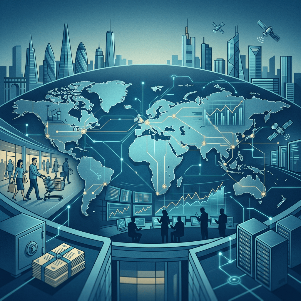 Illustrated world map connecting global markets, cities, shoppers, satellites, and financial data systems
